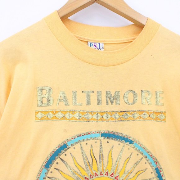 Vintage PSI Shirt Mens Yellow Baltimore Big Sun Face Graphic Single Stitch L 90s - Picture 6 of 12
